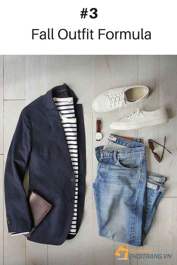 Blazer xanh navy + áo phông kẻ sọc + quần jeans + giày thể thao trắng